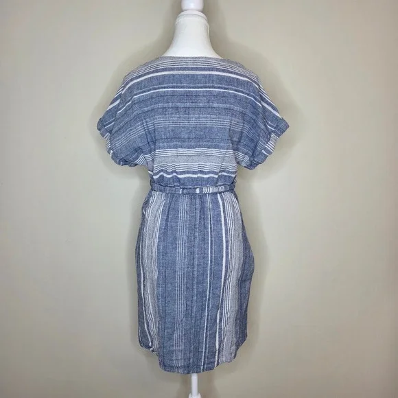 Carve Designs Blue White Striped Linen Cotton Button Front Belted Dress Medium - Picture 4 of 6